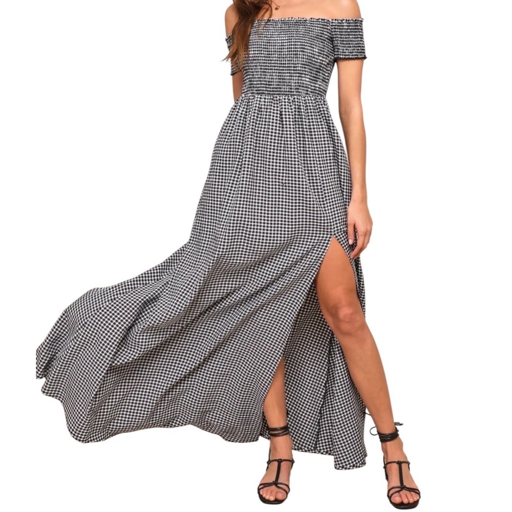 Lulus Gingham Smocked Off Shoulder Maxi Dress M Cottagecore Picnic Prairie Boho
